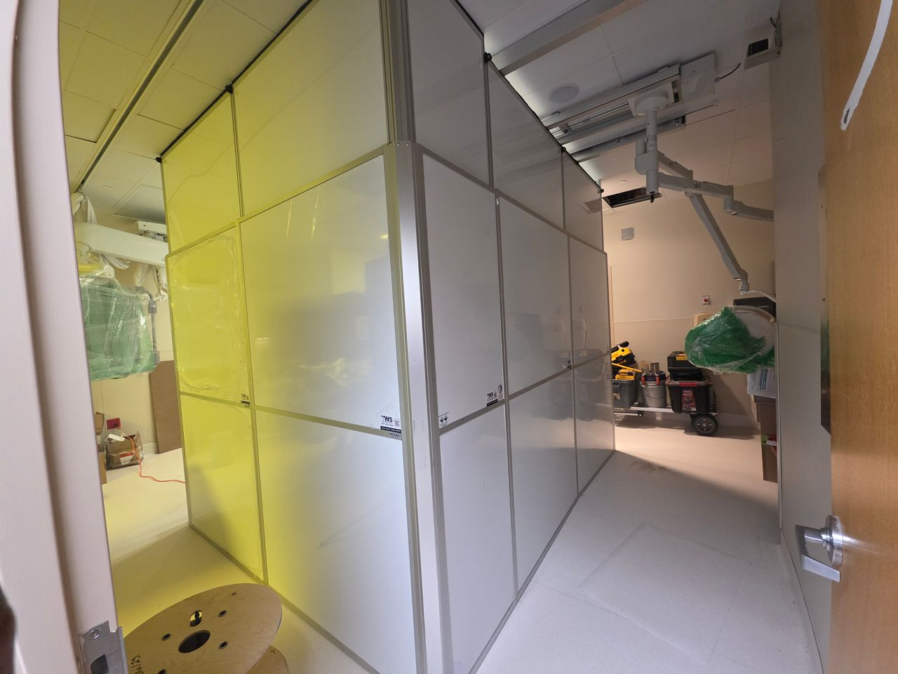 Fully enclosed Temporary Wall Systems modular hard wall containment cube installed inside a hospital to provide ICRA-compliant healthcare construction containment during renovation.