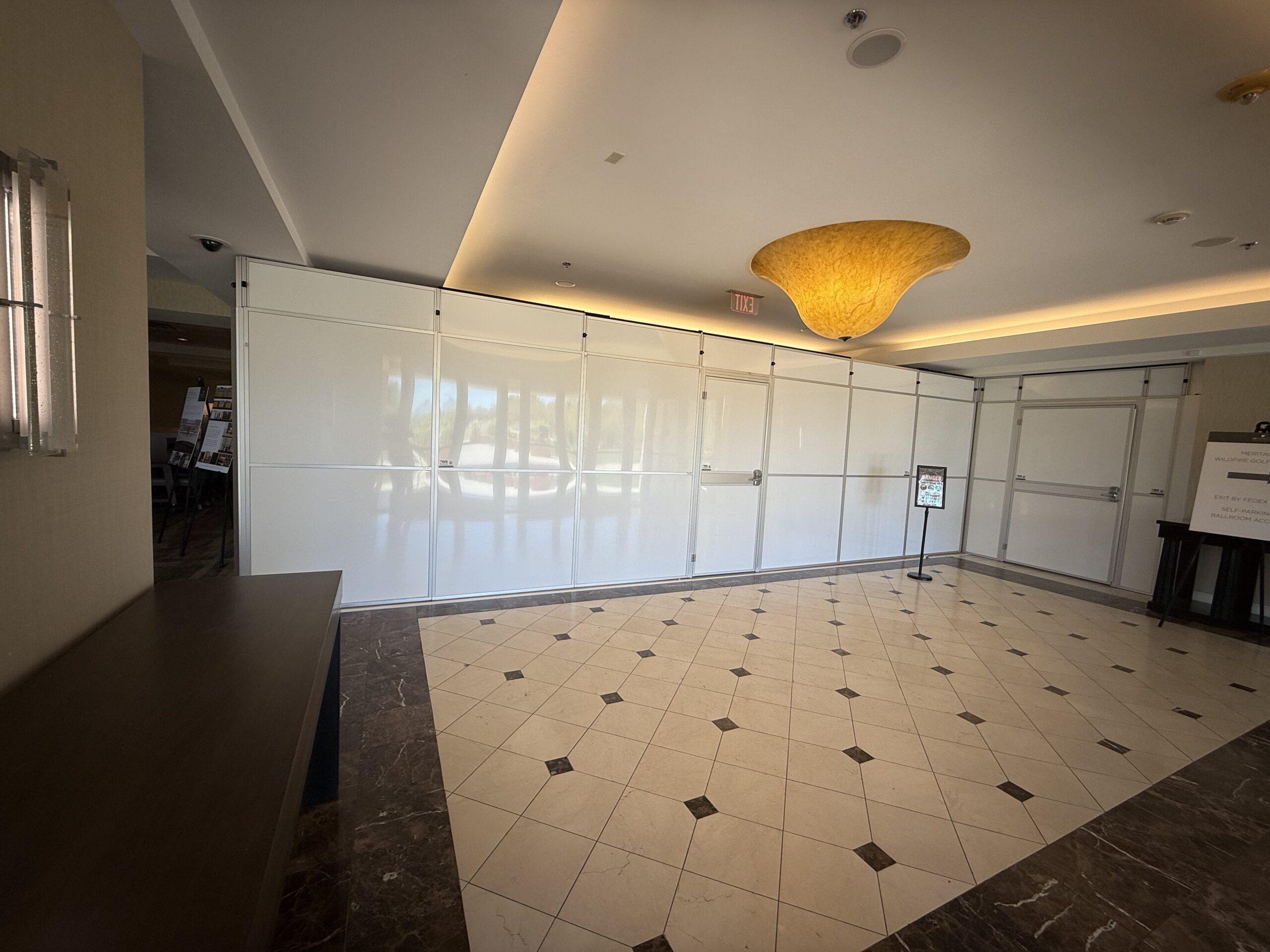 side view of ballroom and white partition wall