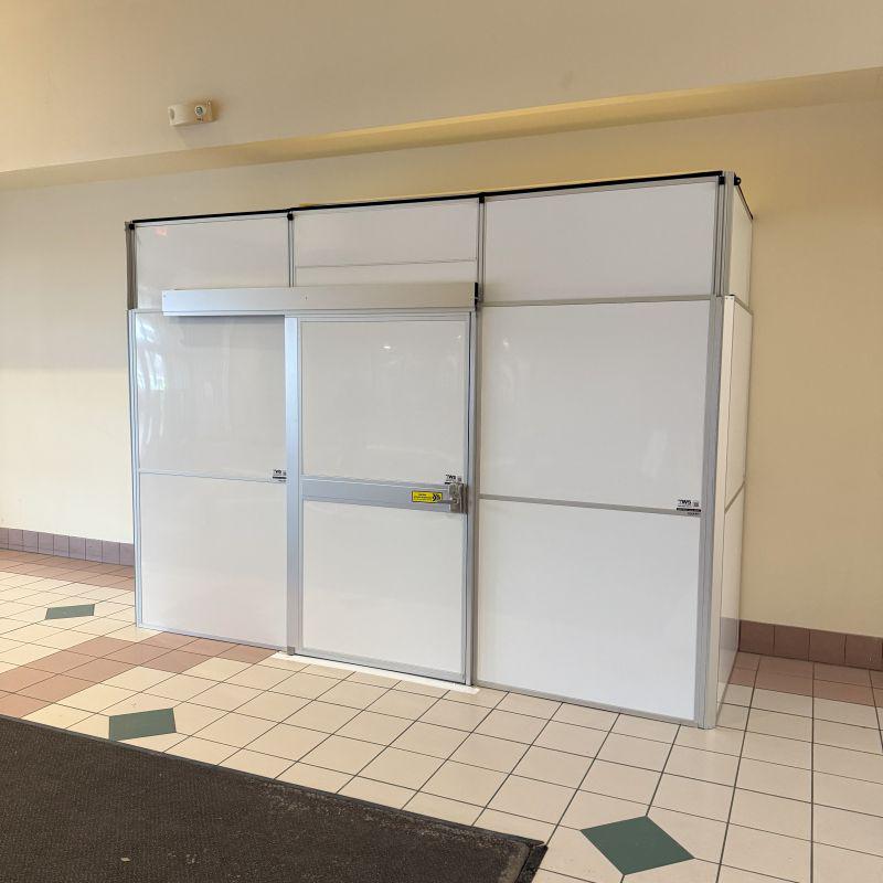 Goodwill entrance temporary wall with door closed