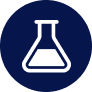Icon of a white test tube filled with liquid on a navy blue background.