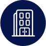 Icon of white highrise building on a navy blue background.