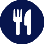 Icon of a white fork and knife on a navy blue background.