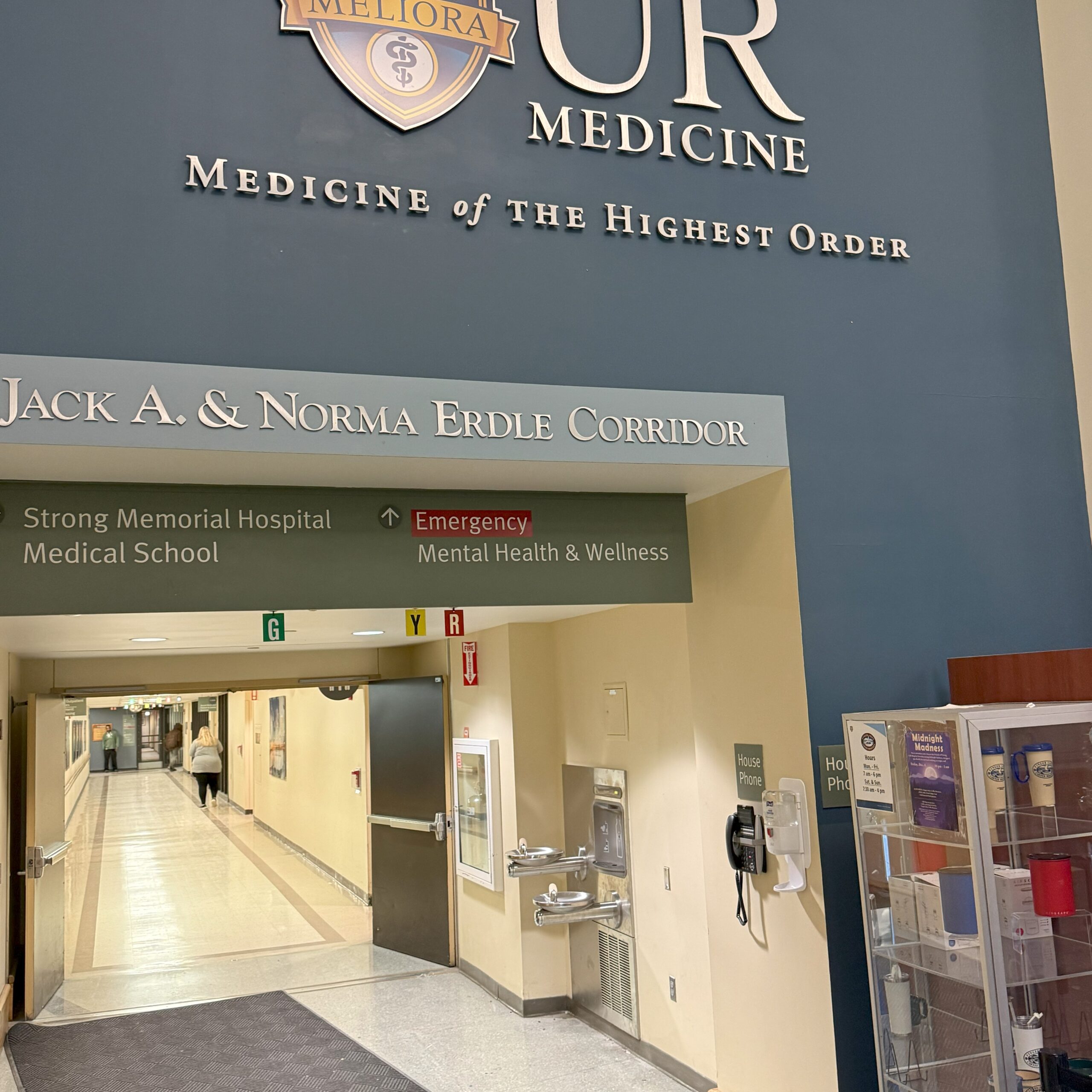 hallway at rochester medical center with a drinking fountain on it