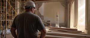 man looking at a wall with a ladder in a construction site of a historical building